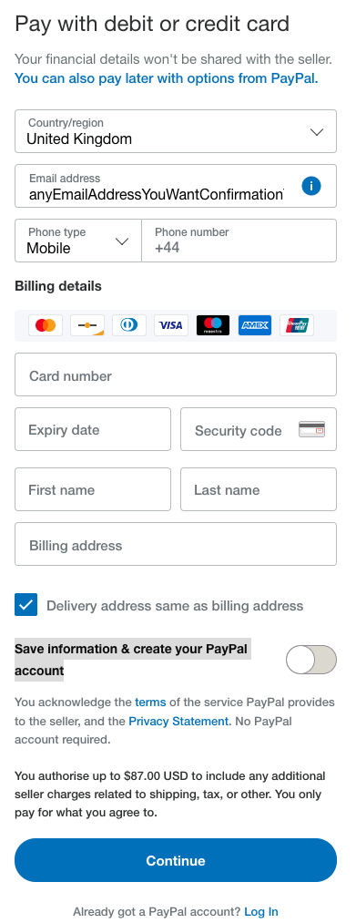 PayPal Pay with debit or credit card form