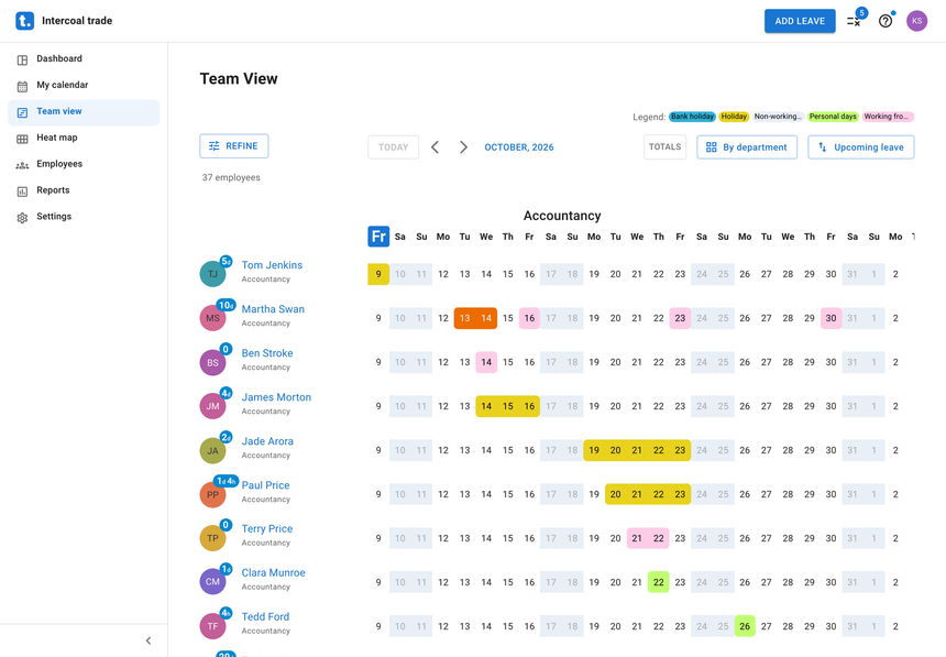 Team View in TimeOff.Management showing who is on leave across the month
