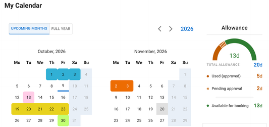 An employee's My Calendar with their booked leave and allowance