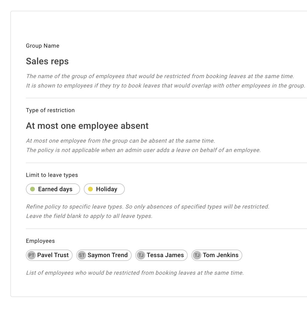 Restriction policy screen showing a group name, restriction type, leave types and employees in the policy