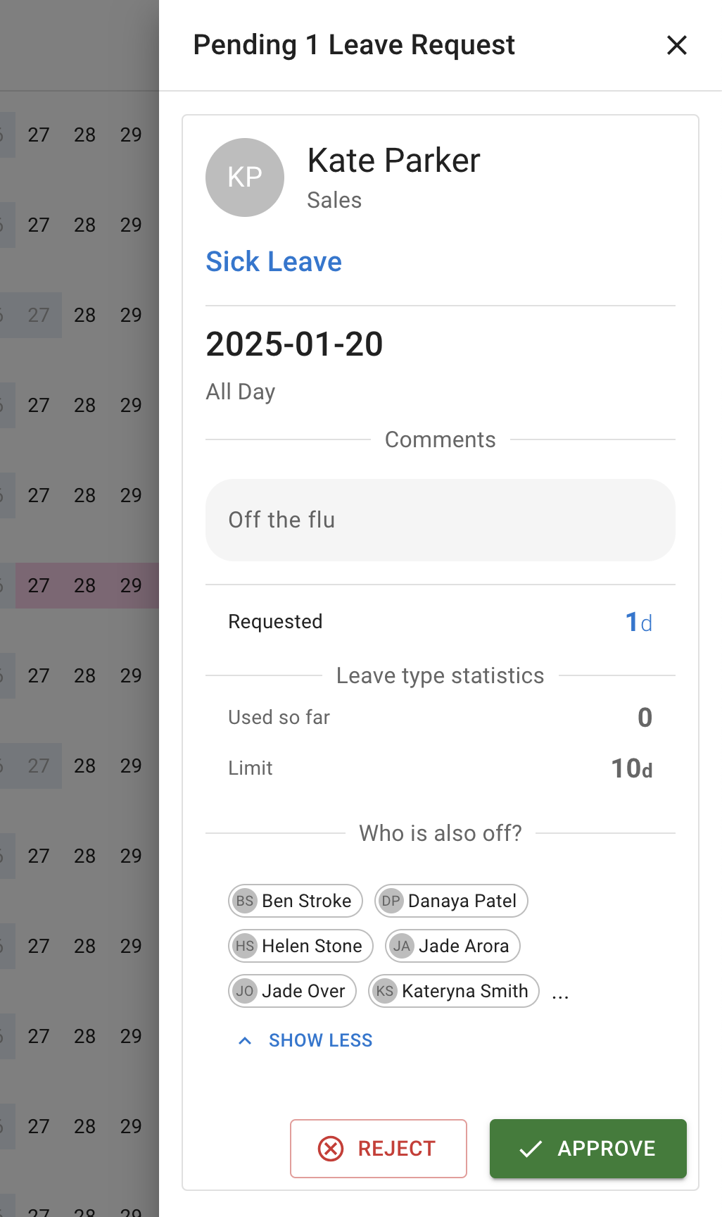 Sick leave request sent to manager