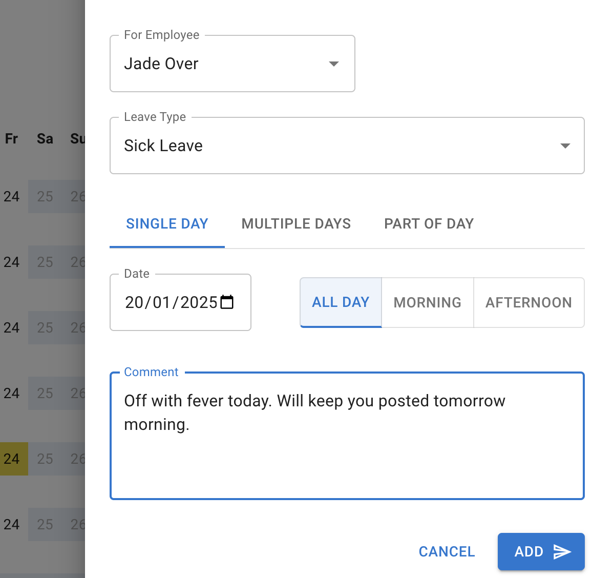 Sick leave booking UI