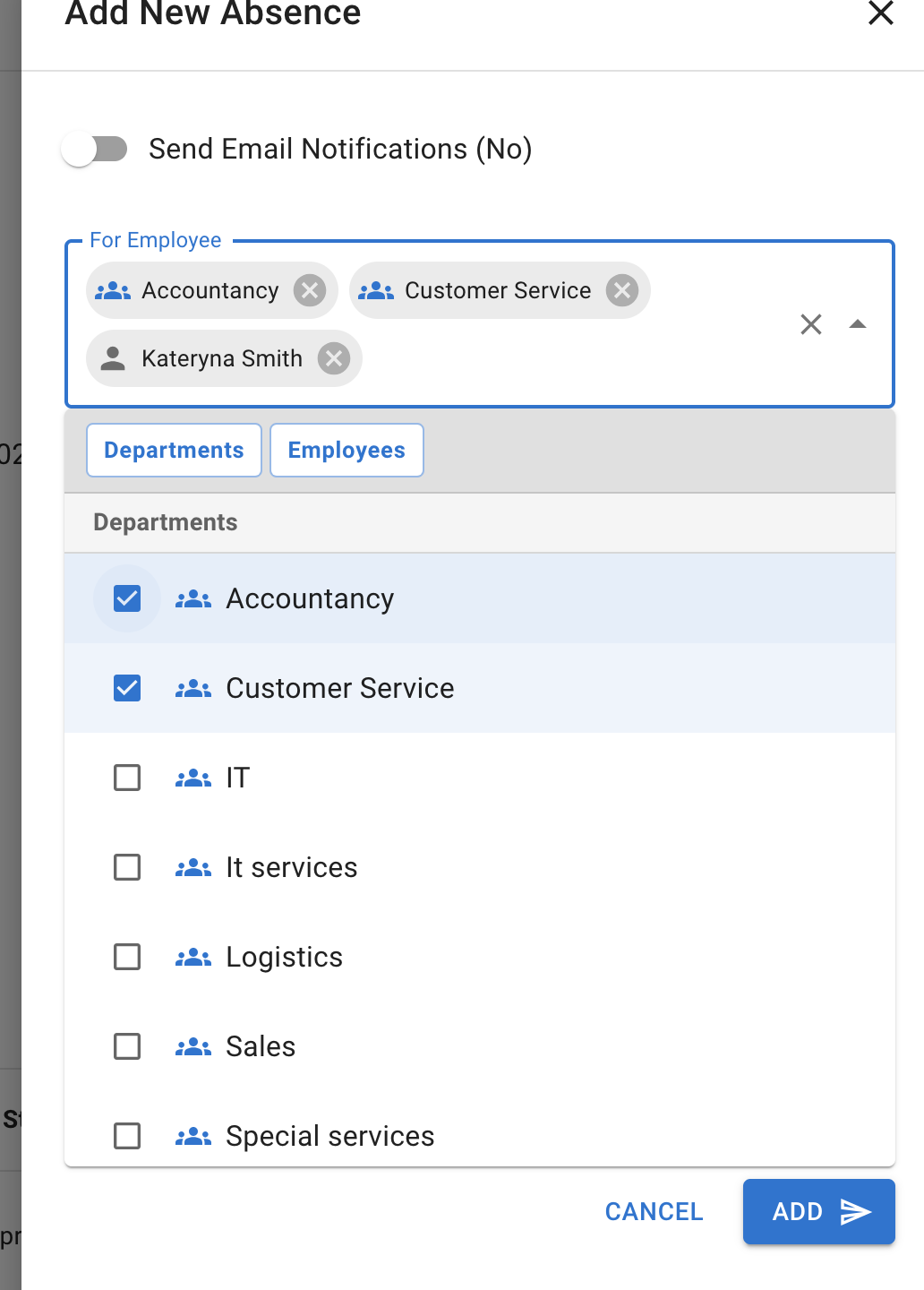 Bulk leave booking screen