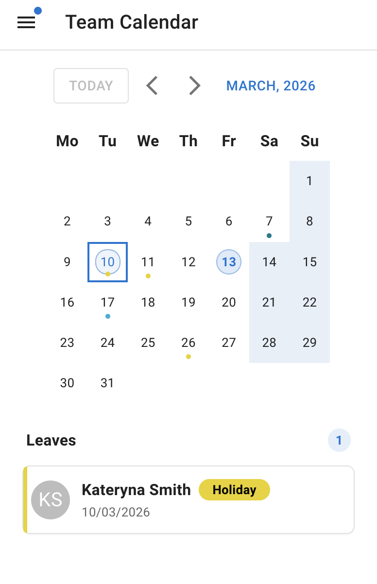 Mobile Team View on a phone showing team members' availability and time off status