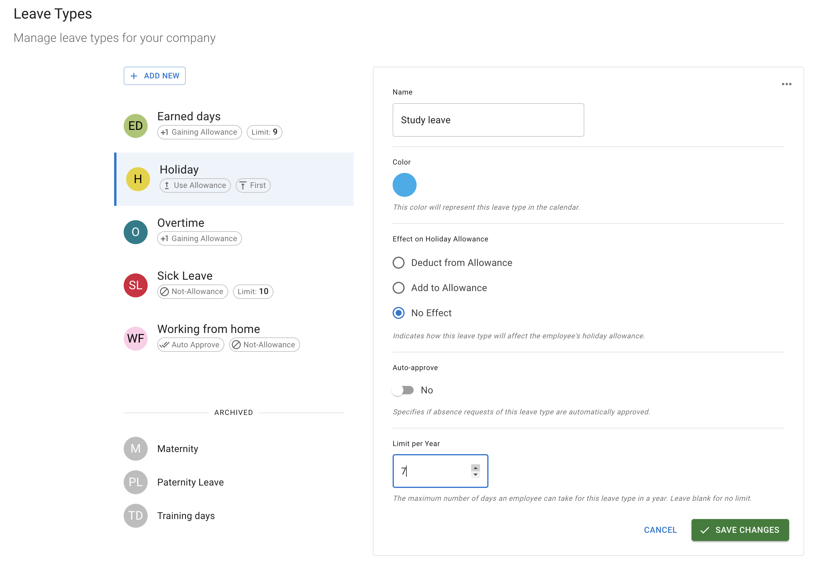 New screen for Leave types management