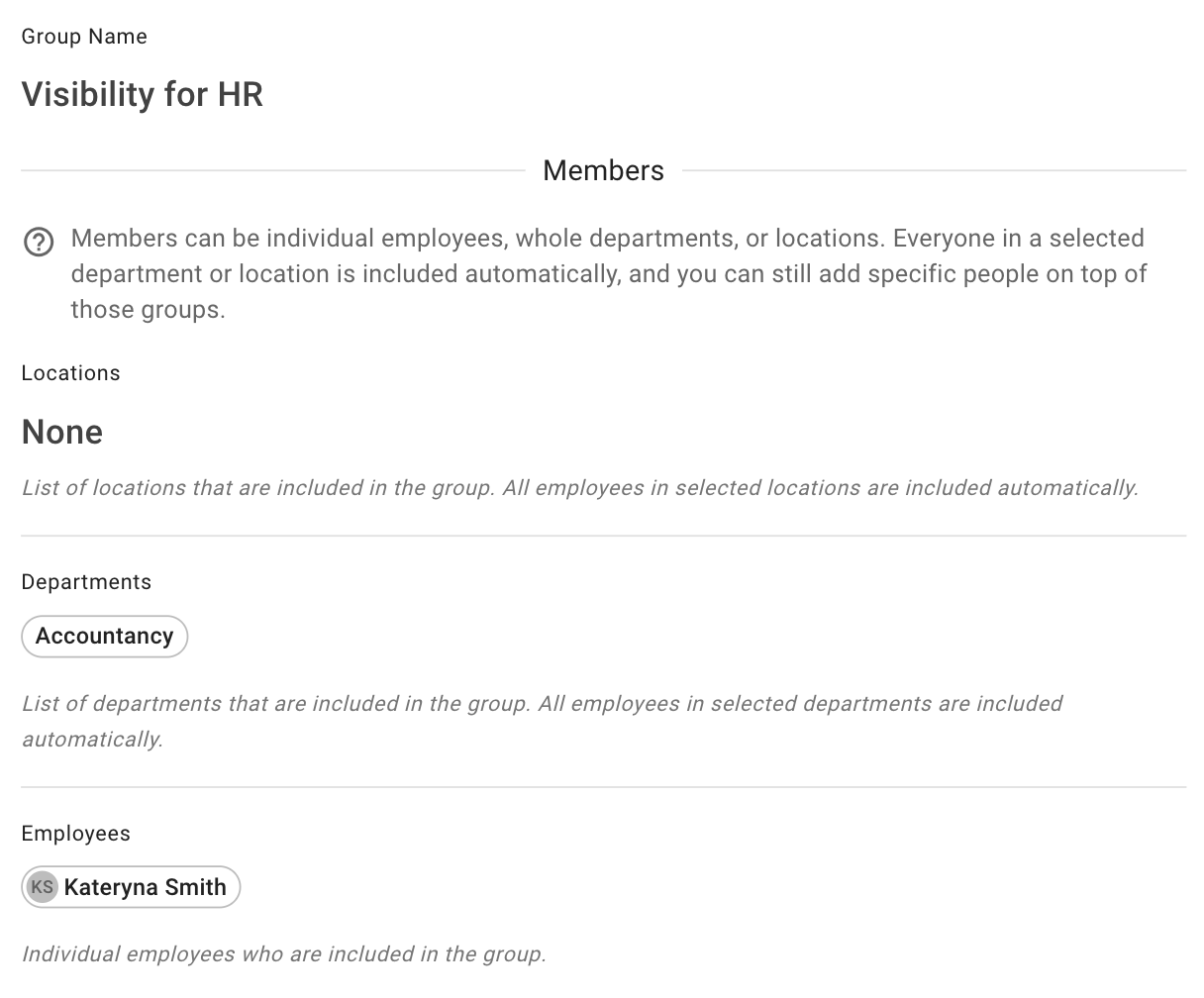 Visibility group configuration screen in Team View settings