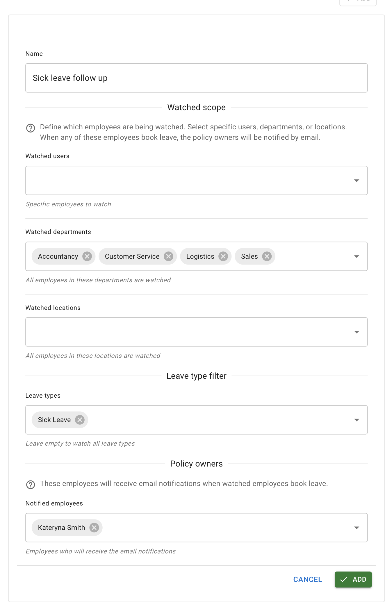 Watcher policy settings screen