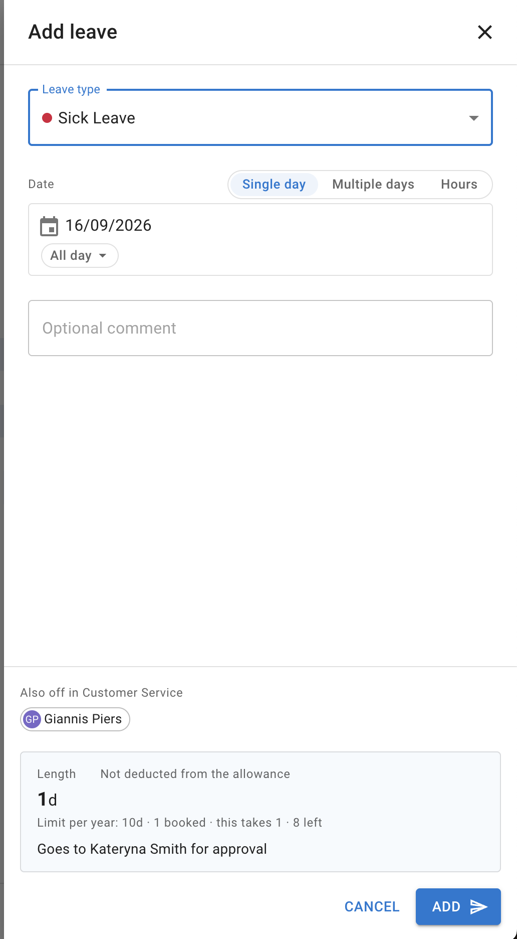 The Add leave form for a single day, with the leave type, the date and an optional comment above a summary pinned to the bottom showing the leave's length, its limit for the year and who it goes to for approval
