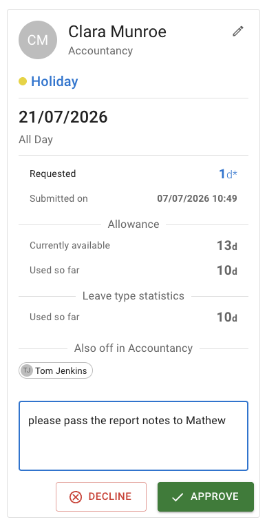 New comment section in request approval form
