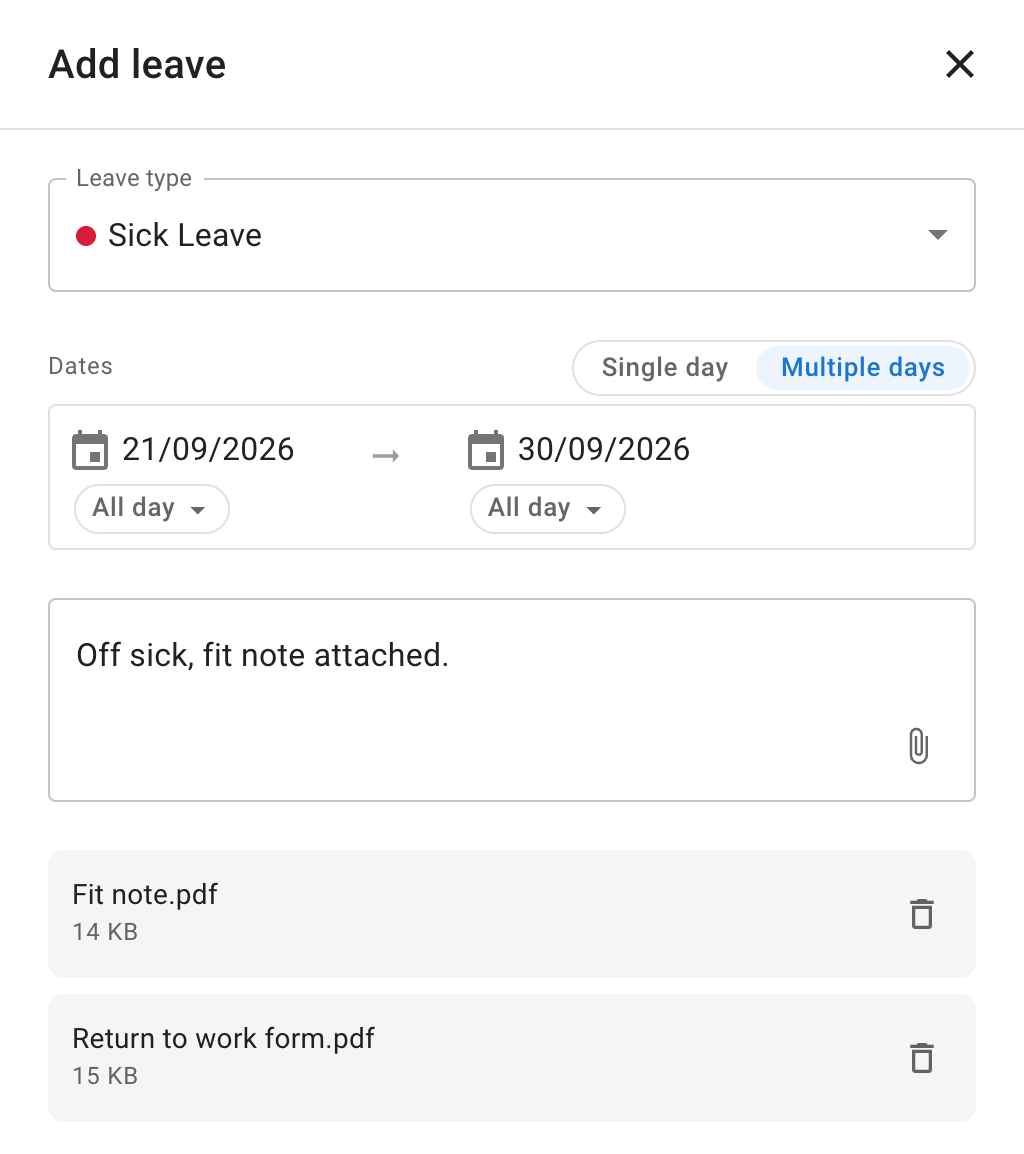 The Add leave form for a sick leave, with a comment entered, the paperclip in the corner of the comment box, and two files listed under it, each with its size and a bin