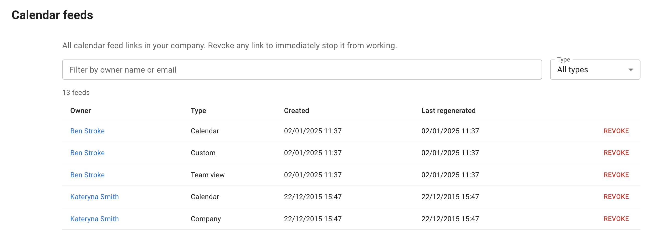 Example of a list of calendar feeds