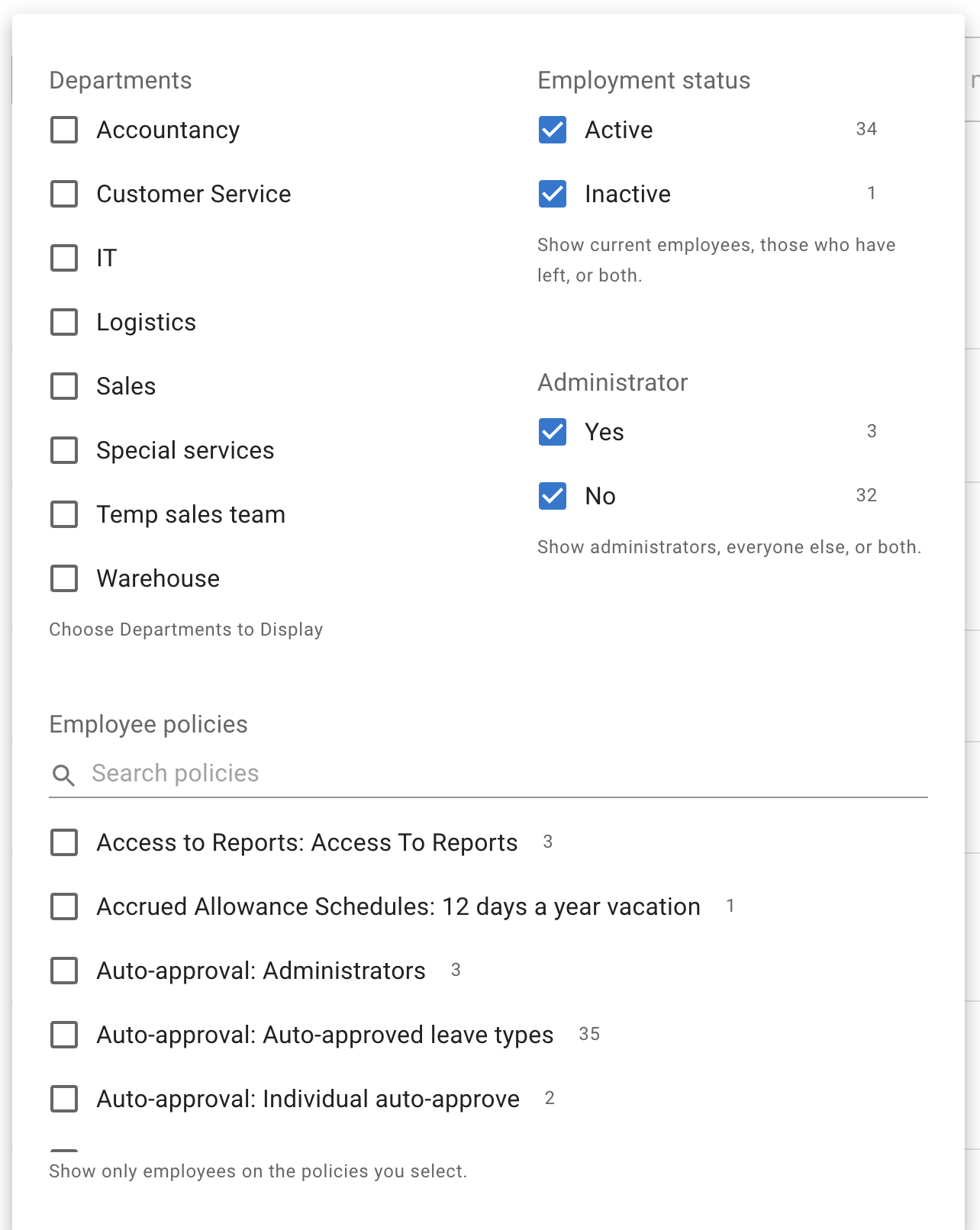 The Refine menu on the Employees list, with filters for departments, employment status and administrators, and an Employee policies group with a search box above a list of policies