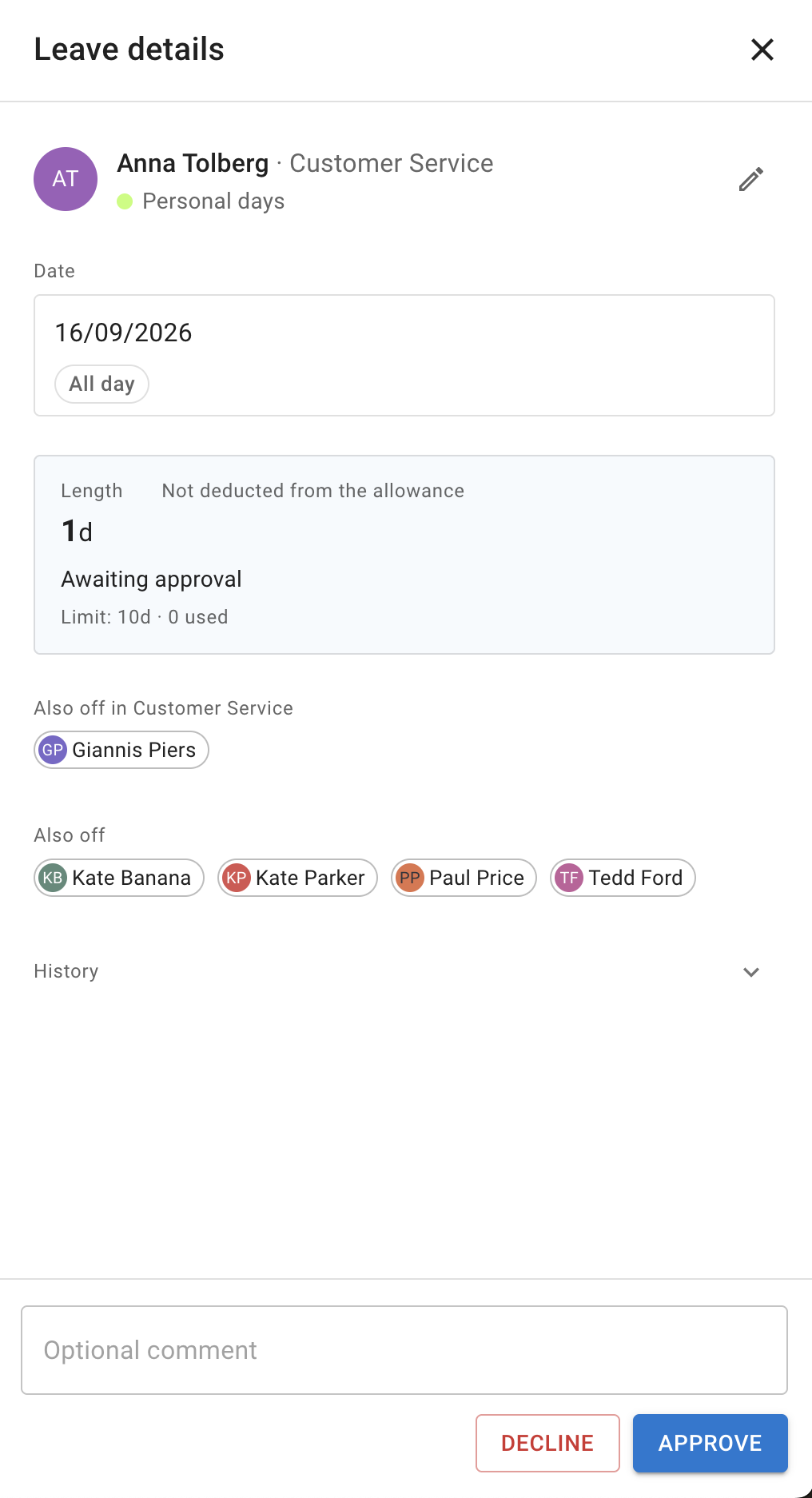 The Leave details window for a leave awaiting approval: the employee with their department and leave type beside an edit pencil, the date, a summary showing the leave's length, its status and its limit, and an optional comment field above Decline and Approve buttons