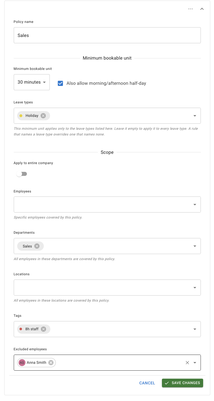 The Leave increment policy editor, with Holiday chosen under Leave types and the helper text beneath it, and a Scope section covering one department and one tag, with one employee excluded