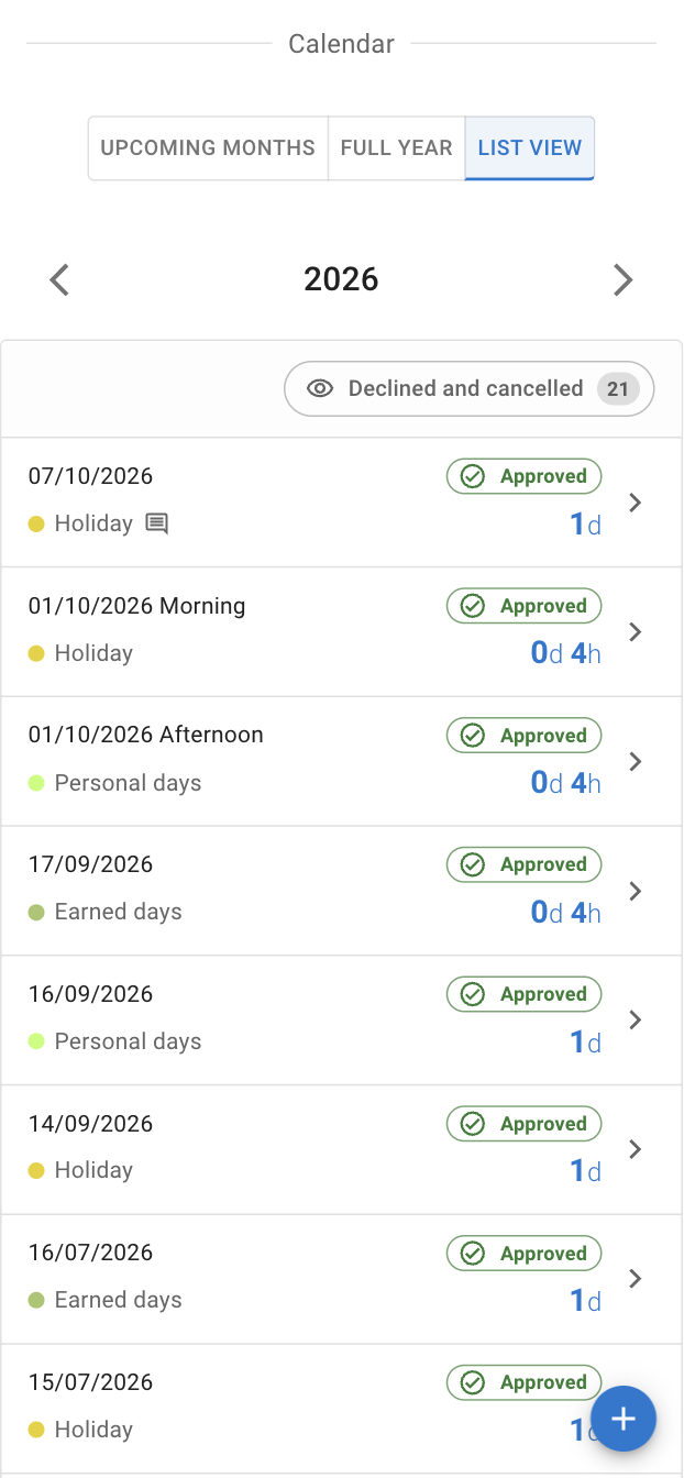 My Calendar's List view on a phone: the Upcoming months, Full year and List view tabs above a year selector, then a row for each leave giving its dates, where the leave stands, the leave type, a marker where the leave carries comments, and how long the leave is