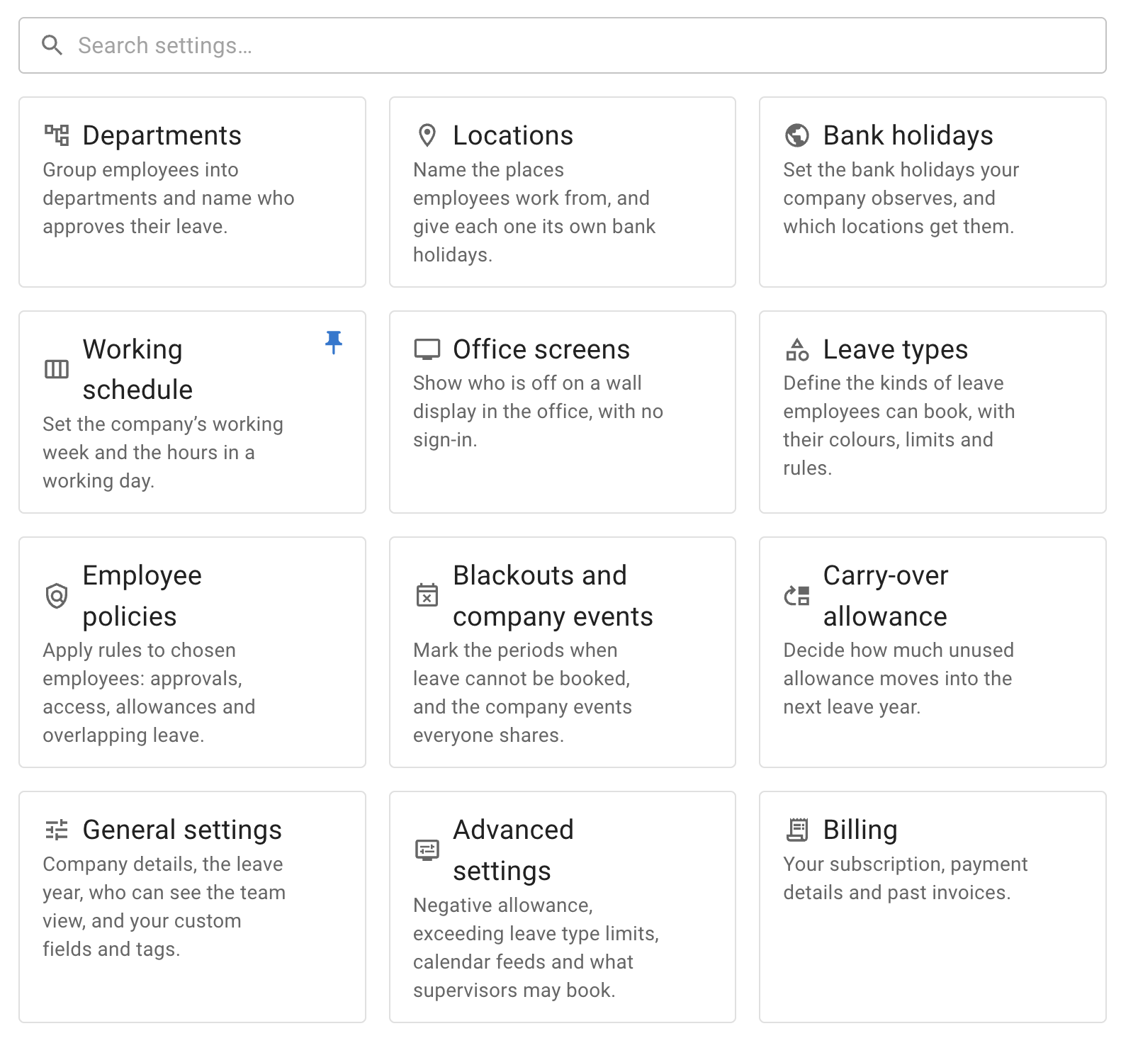 The Settings hub: a search box above a grid of tiles, each with an icon, a name and a line describing it — Departments, Locations, Bank holidays, Working schedule, Office screens, Leave types, Employee policies, Blackouts and company events, Carry-over allowance, General settings, Advanced settings and Billing