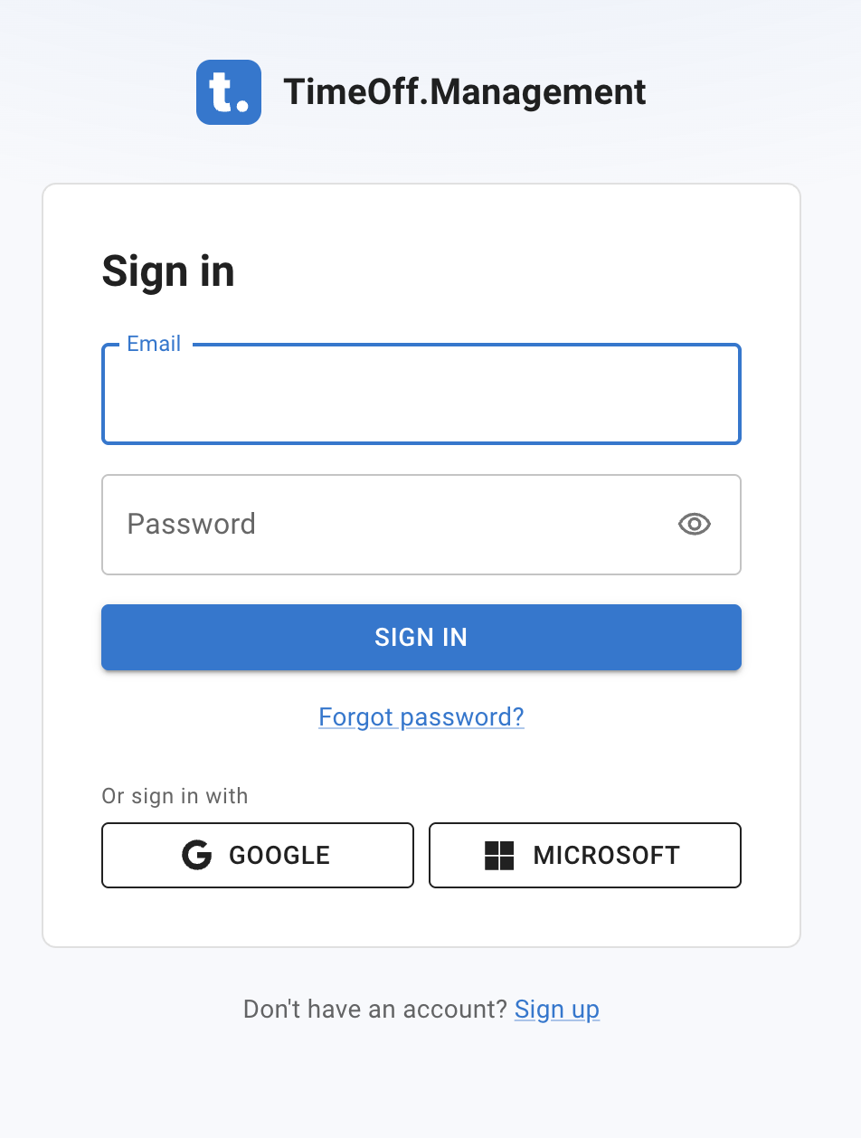 The sign in page: the TimeOff.Management mark above a single card headed Sign in, with email and password fields, a show and hide control on the password, the sign in button, the sign-in-with buttons beneath it, and a link to create an account