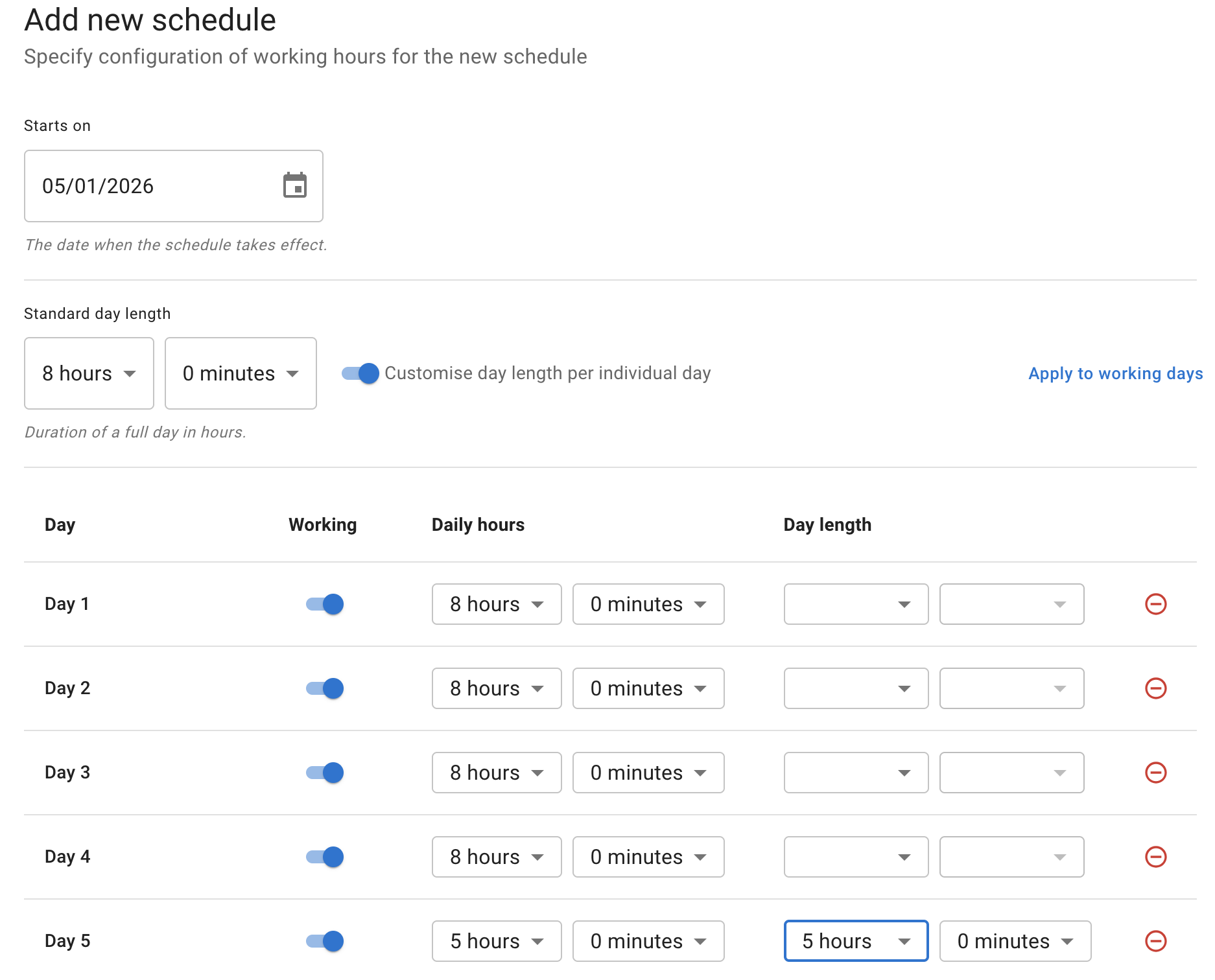 Standard day adjustment for new schedule or rota