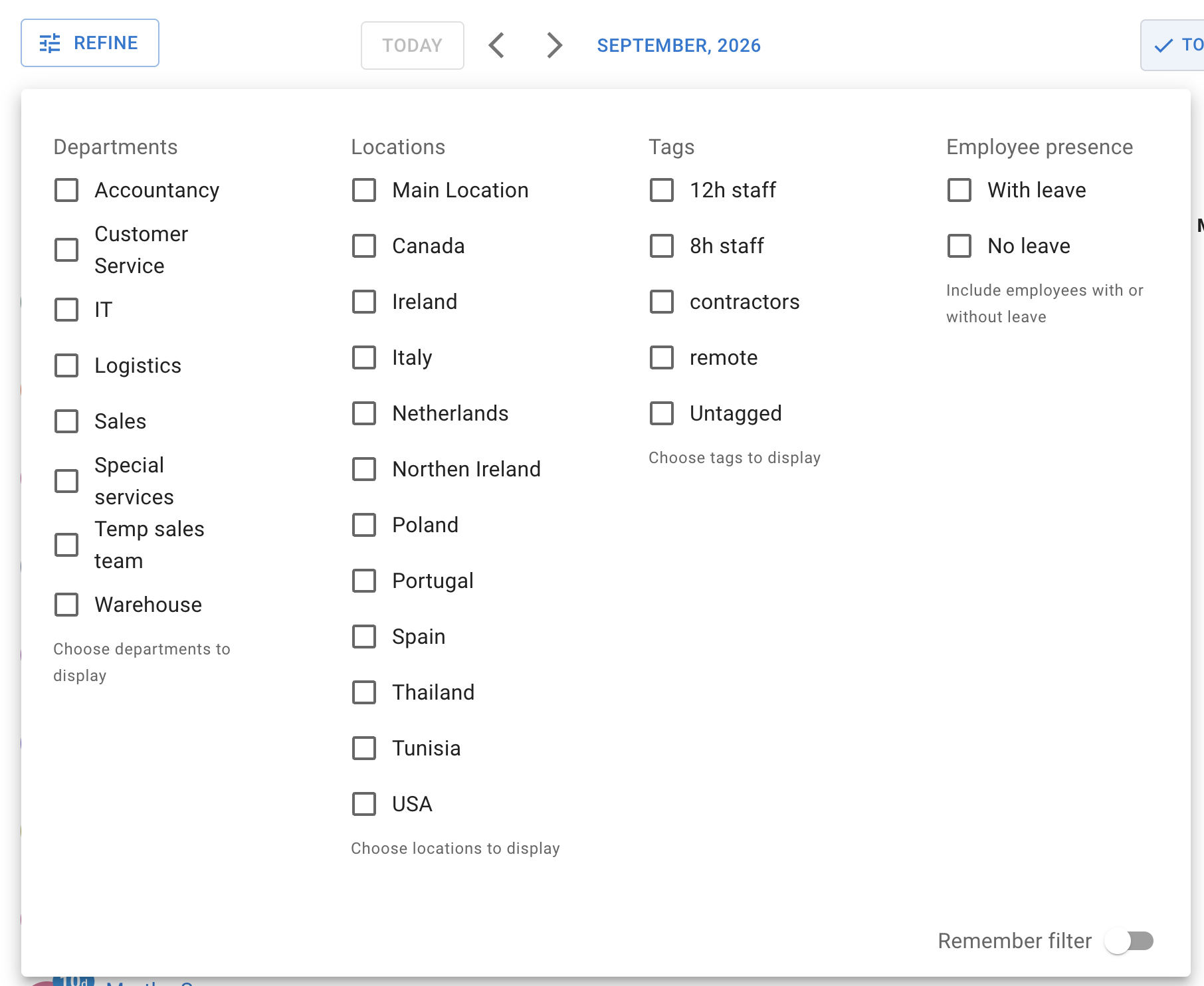 The Refine menu on Team View, with columns for departments, locations, tags and employee presence, and the Tags column listing the company's tags above Untagged