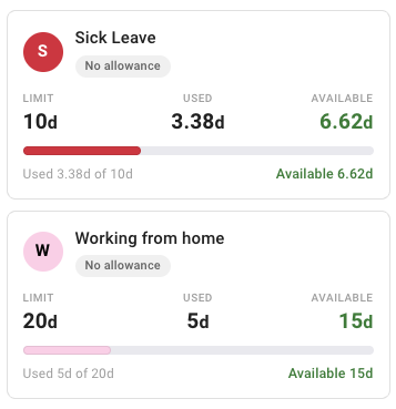 Leave balances showing limits, used days and available days in TimeOff