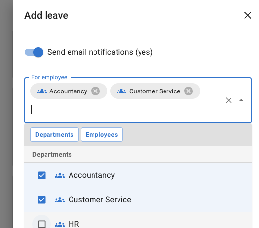 Add leave screen with departments selected for bulk booking in TimeOff