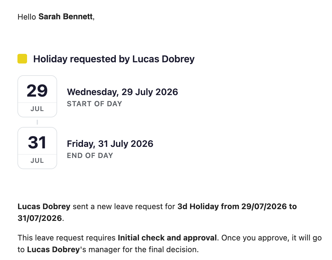 Leave request email showing initial approval before manager approval in TimeOff