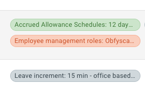 Policy rule labels for accrual schedules, employee management rules and leave increments