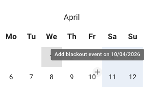 April calendar in TimeOff with a tooltip over the 10th reading "Add blackout event on 10/04/2026"