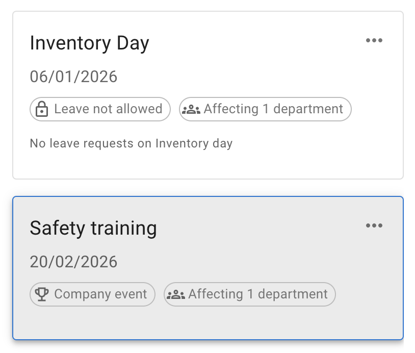 Inventory day blackout and safety training company event in TimeOff