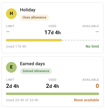 Leave type usage in TimeOff contrasting a type that uses allowance with one that adds to it