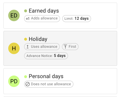 Leave types in TimeOff showing allowance effect, limit and advance notice chips