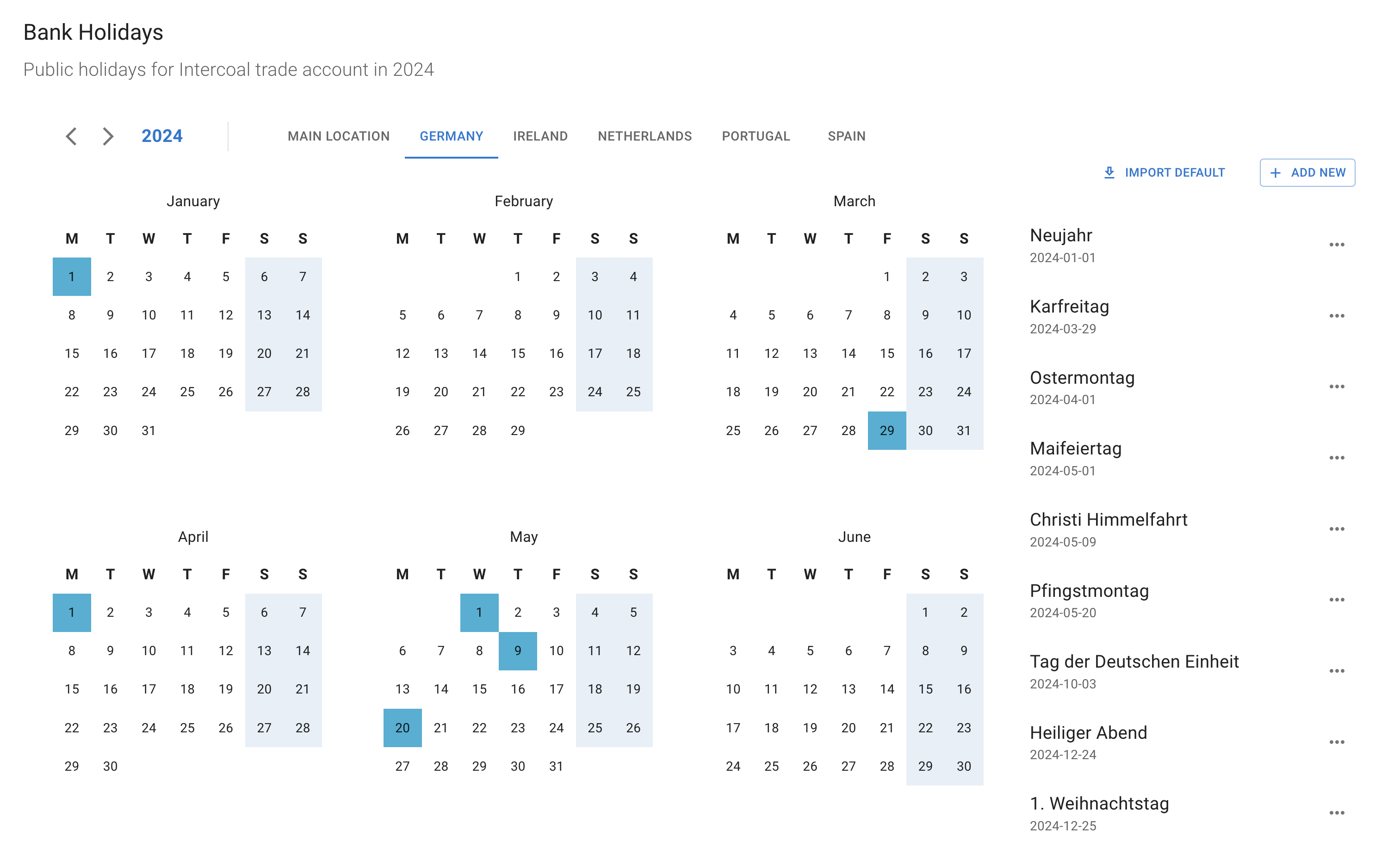 Bank holiday management screen