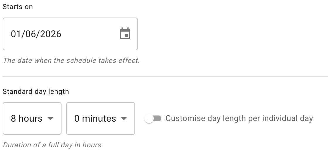 Schedule or rota start date and standard day length in TimeOff