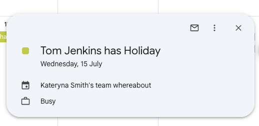 Approved holiday from TimeOff showing as an event in an external calendar