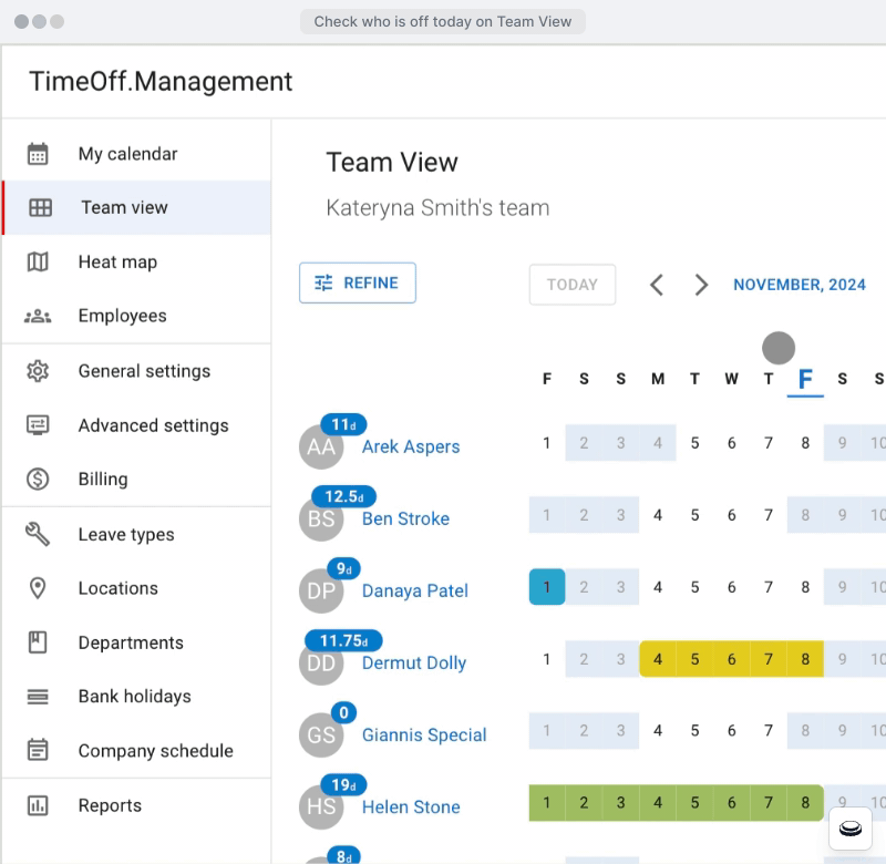 Team View showing who is on leave