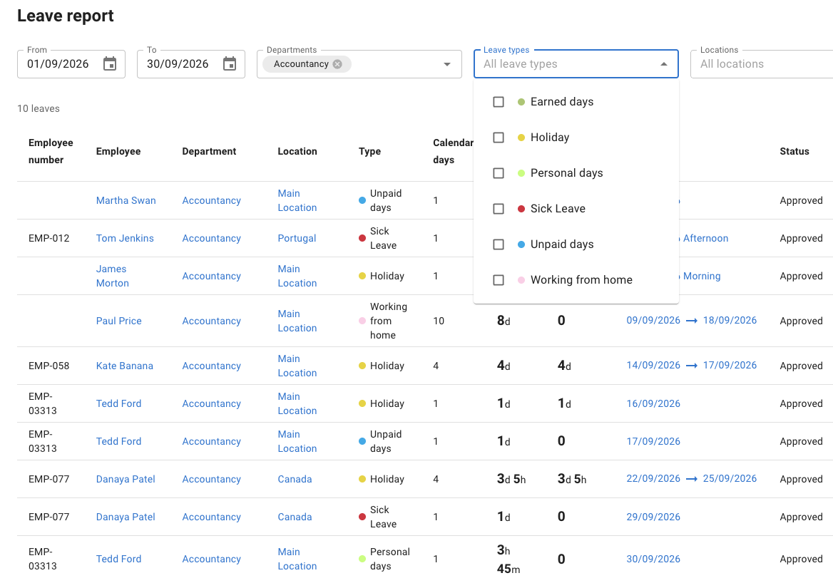 TimeOff leave report filtered by dates, department and leave types, showing employee records, types, duration, dates and status.