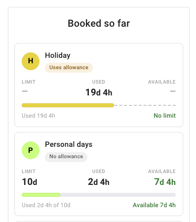 TimeOff booked-so-far view showing Holiday and Personal days cards with used and available amounts.