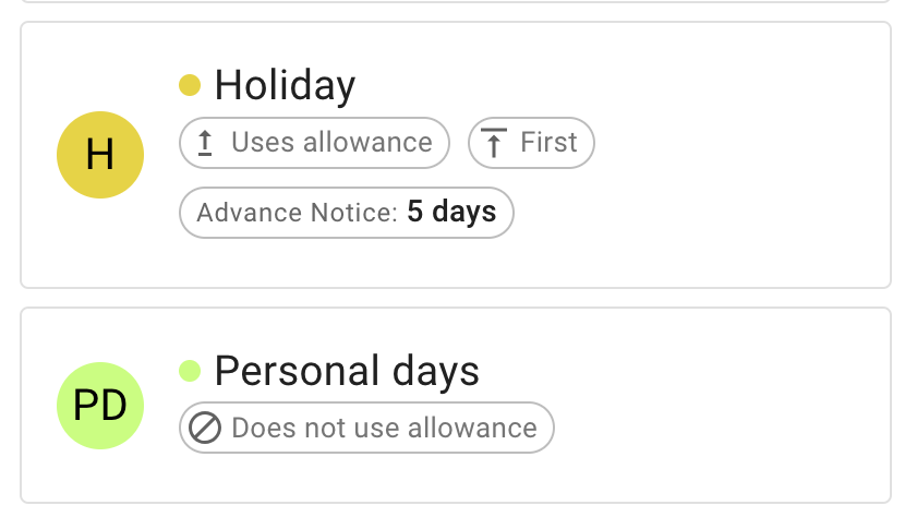 Leave type rules with allowances, advance-notice periods and approval settings