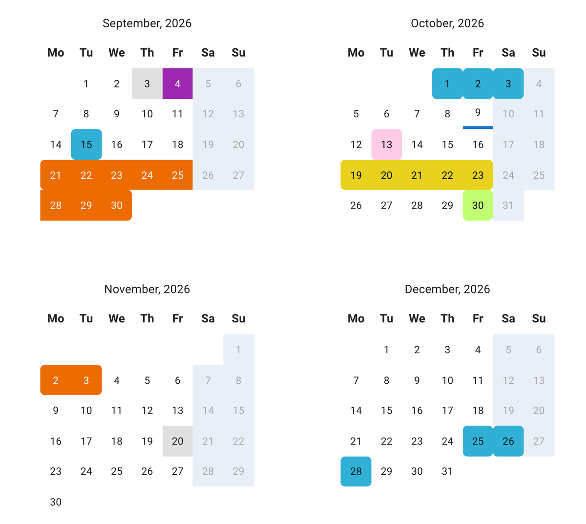 An employee's calendar showing their booked and pending leave across several months