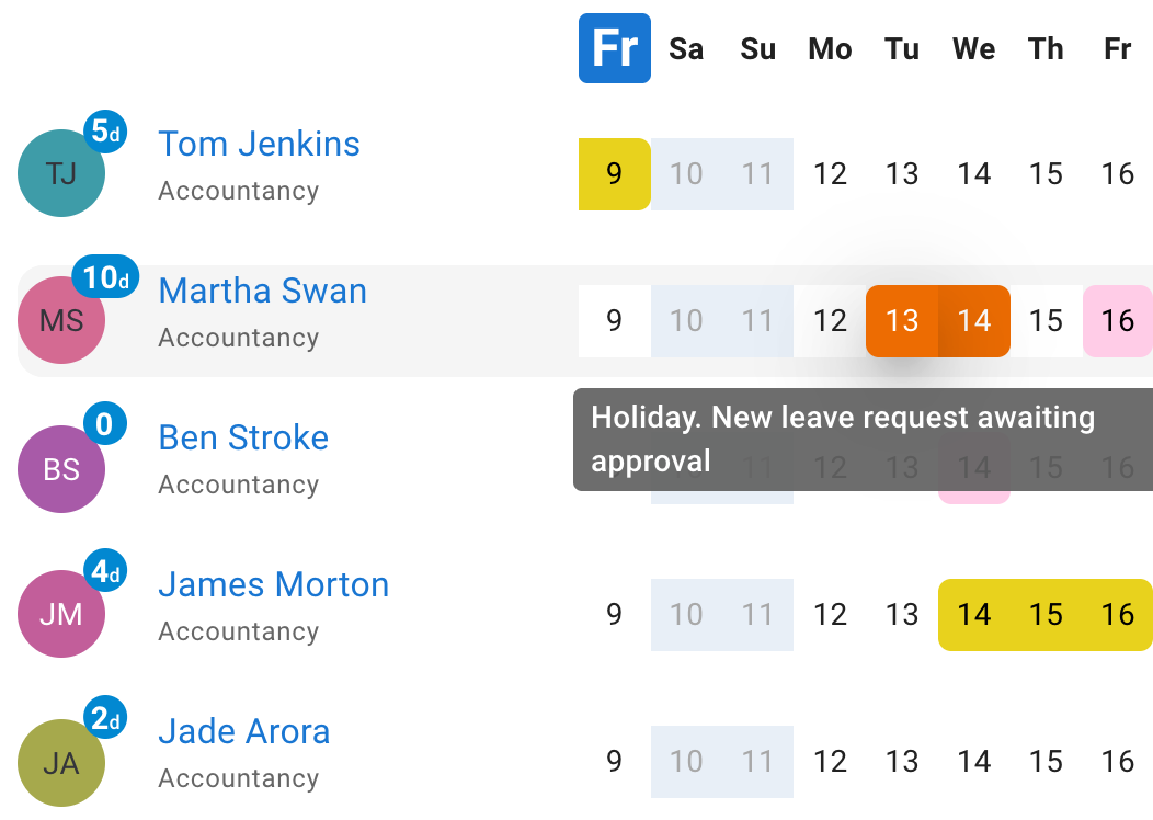 Team View with a pending booking awaiting a manager's approval