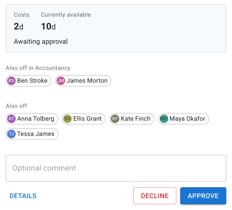 A prompt showing who else is off while approving a request