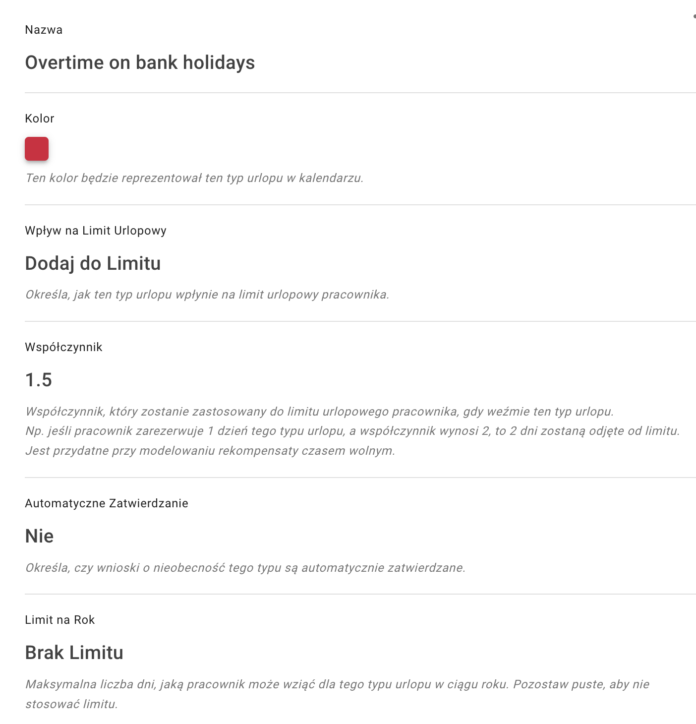 Leave type overtime on on bank holidays