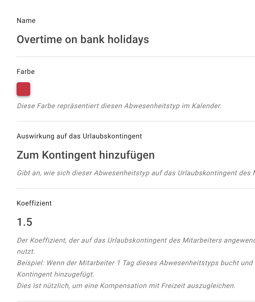 Leave type to track overtimes with coef in german