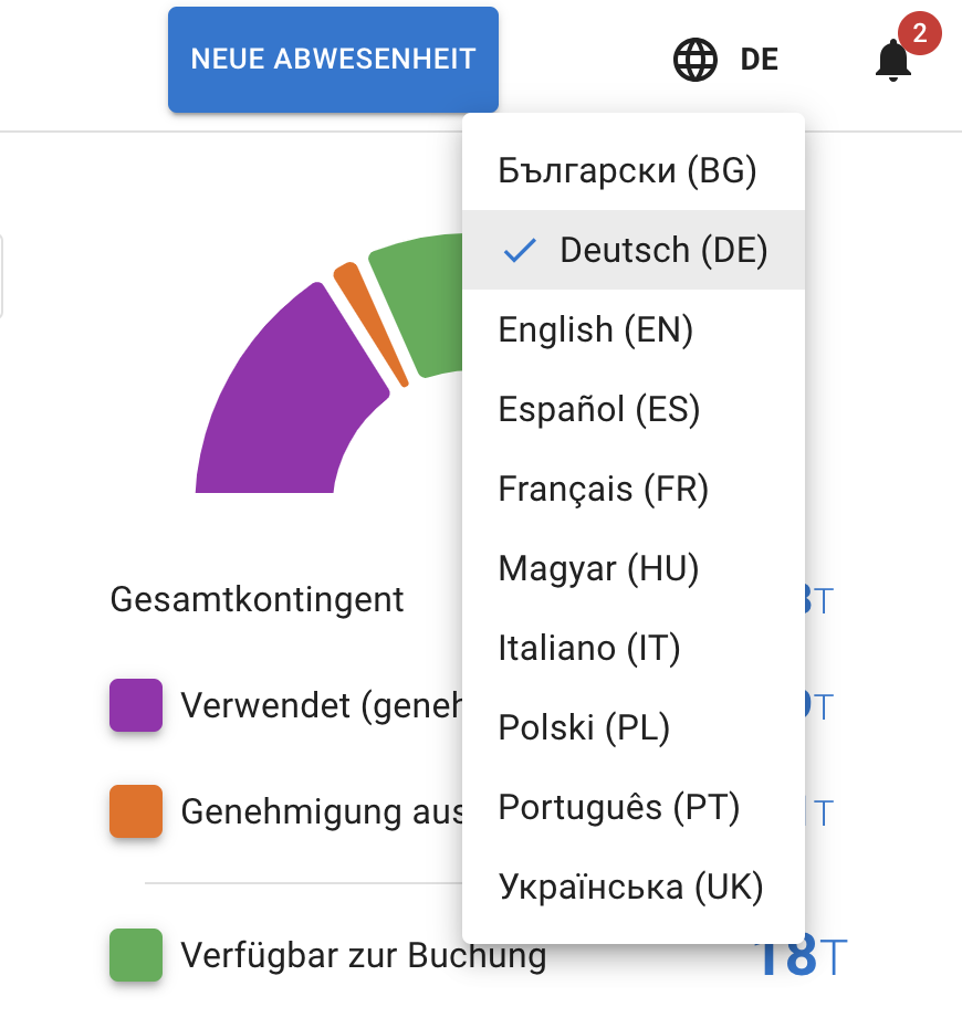 My calendar with language selector in german