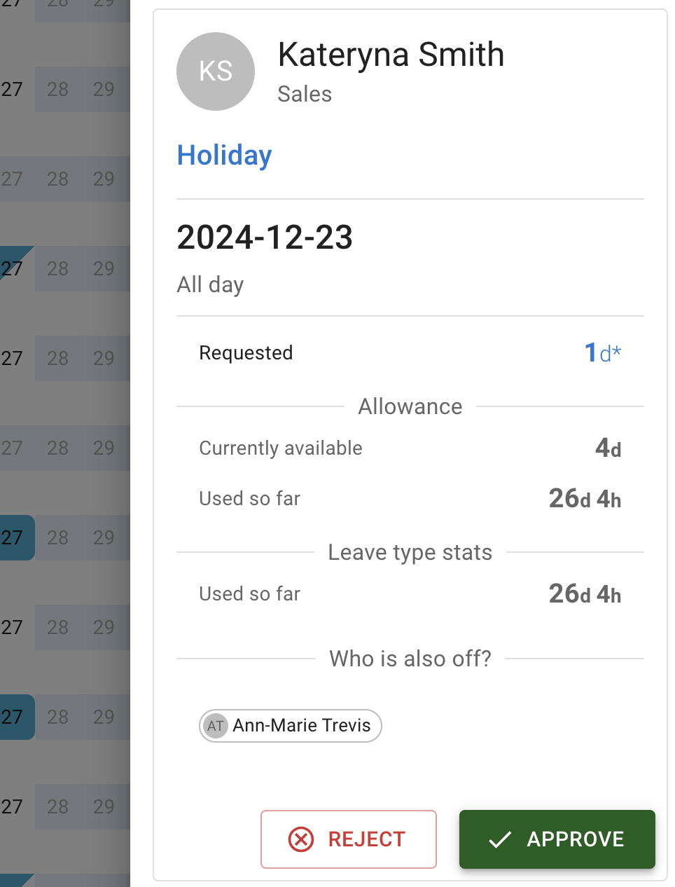 Pending leave request for manager approval