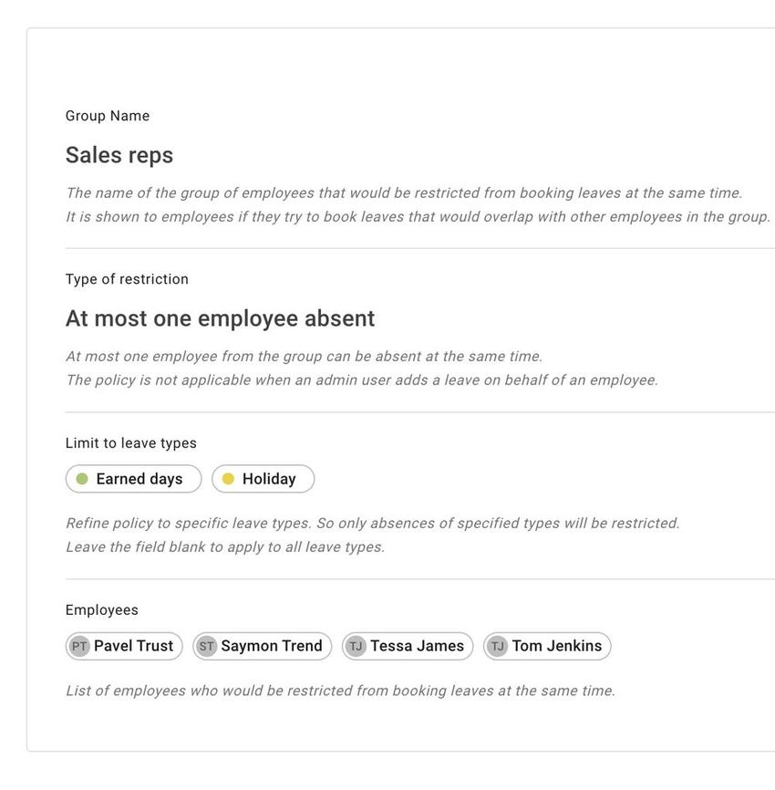 Policy controls restricting how many employees can be on leave at the same time