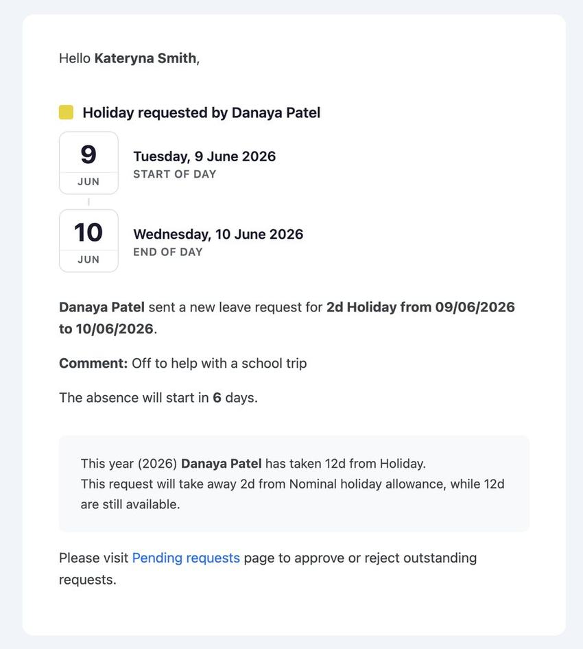 Email notifying a manager of a new leave request, ready to approve or decline