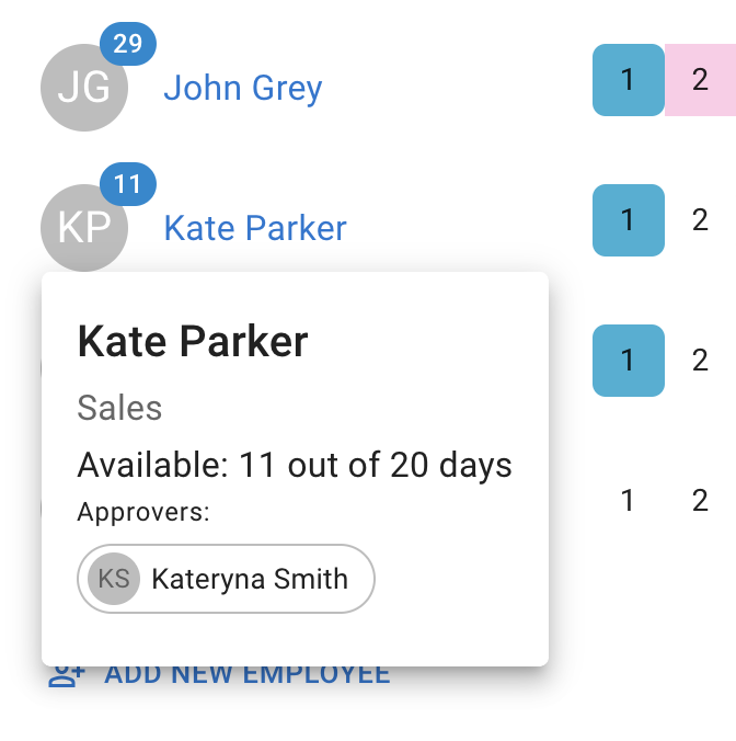 Team view popup for employee