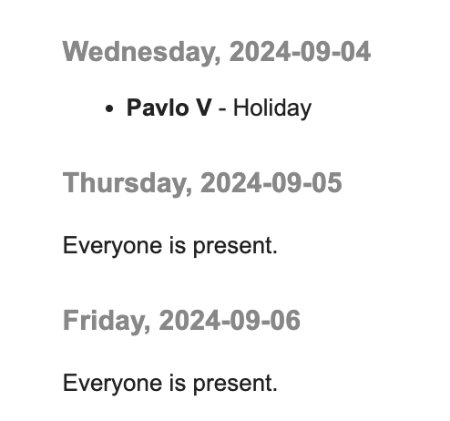 Weekly who-is-off digest