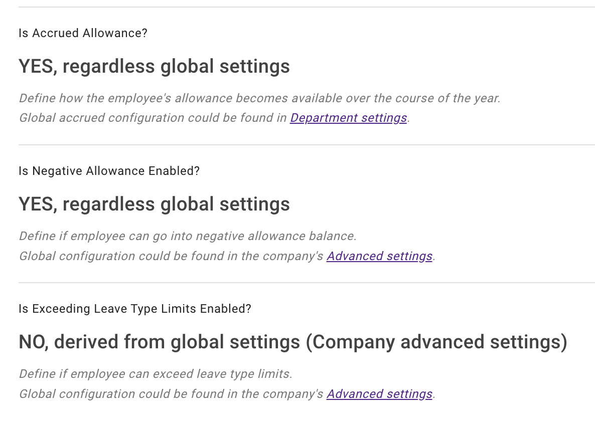 Advanced settings toggles per employee